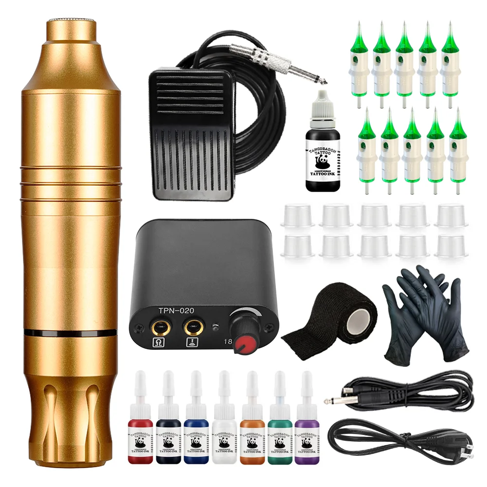 New Factory Wireless Complete Tattoo Kit Power Supply Inks Cartridge Needles DC Interface Professional Rotary Tattoo Machine Set K7
